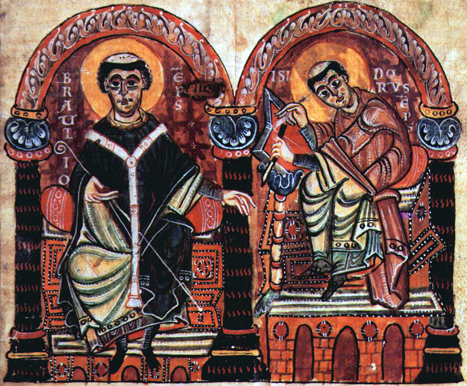 На иллюстрации приведено изображение Епископа Браулио Сарагосского и Исидора Севильского из Манускрипта X века 